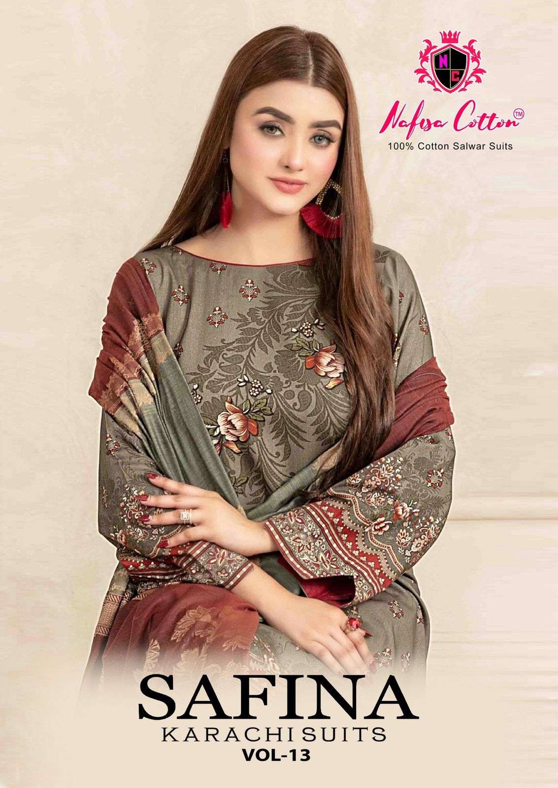 SAFINA KARACHI SUITS VOL 13 MODEL AND OPEN PIC BY NAFISHA COTTON